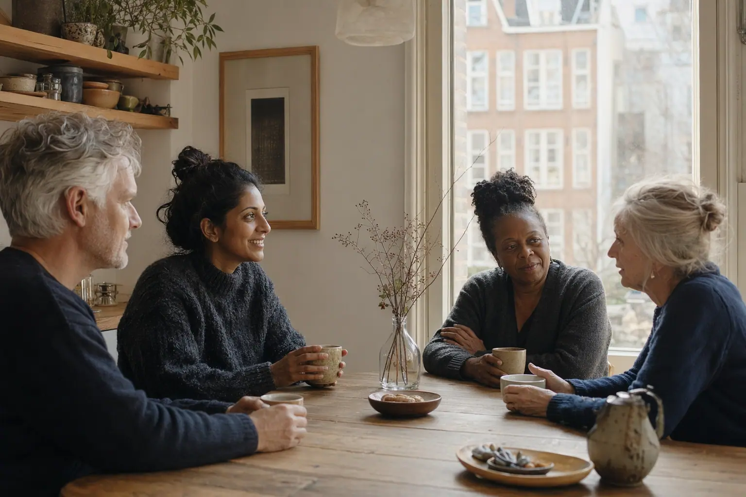 A diverse group of community members gathered around a table in conversation