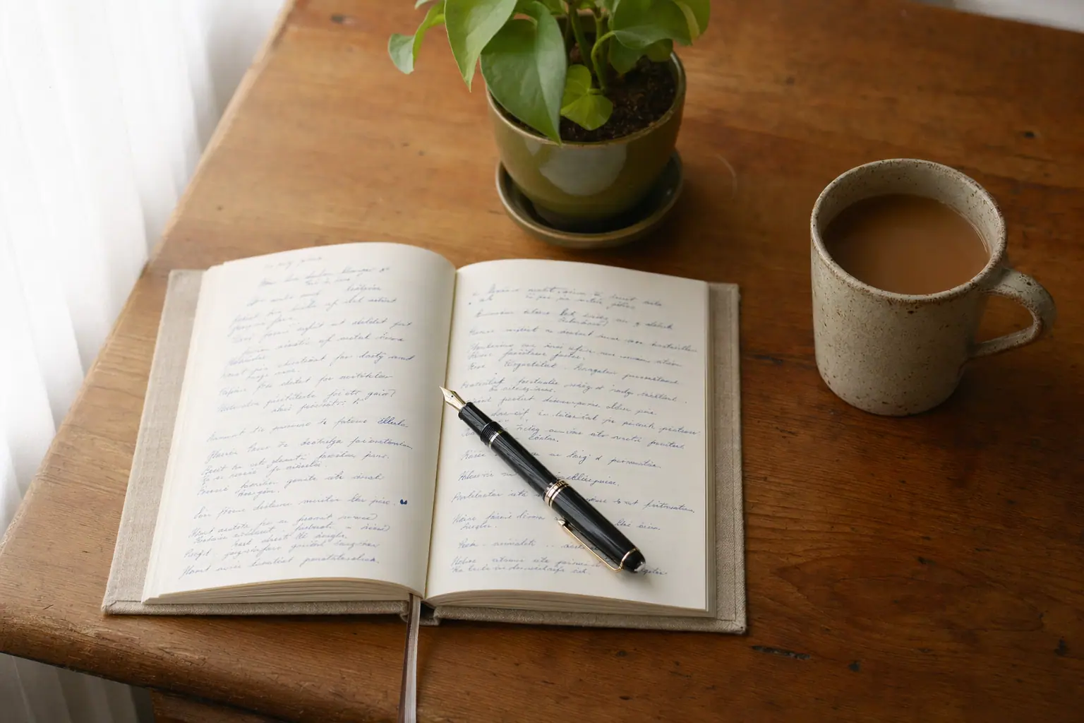 Open linen-bound notebook with a fountain pen, coffee, and a plant in morning light