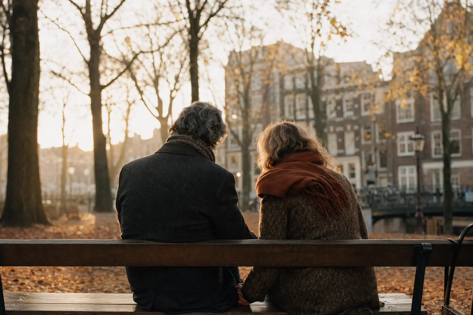 A couple seated together on a park bench in golden autumn light, holding hands