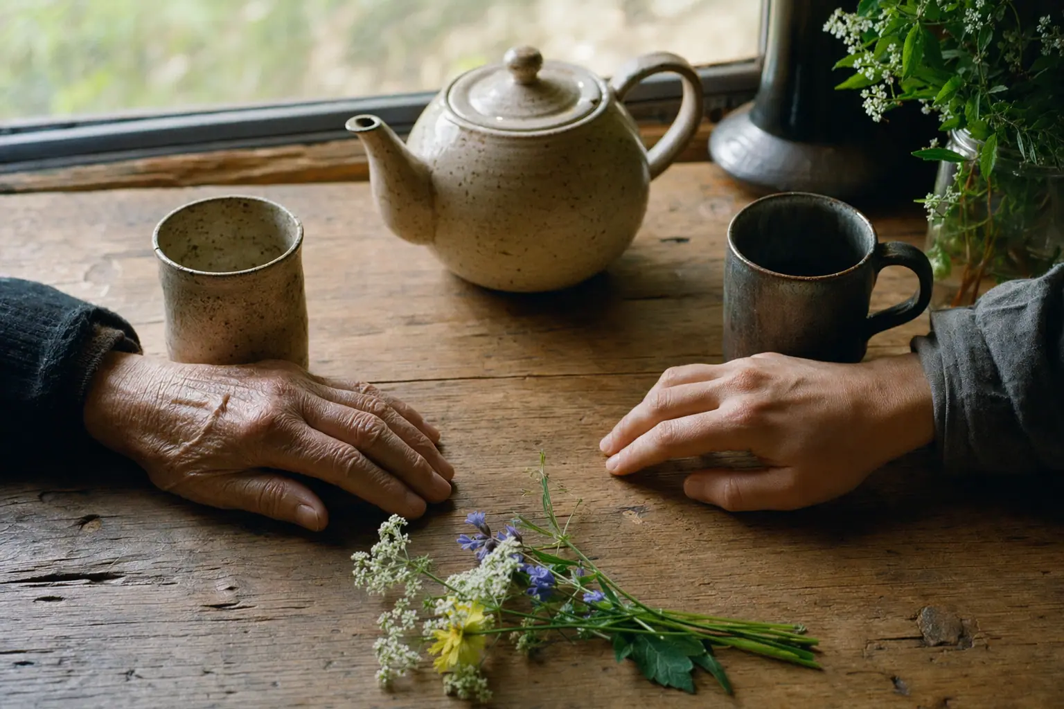 Two hands of different generations resting on a table next to a teapot and flowers