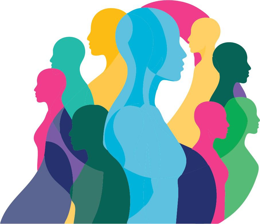 Colourful overlapping silhouettes of diverse people standing side by side